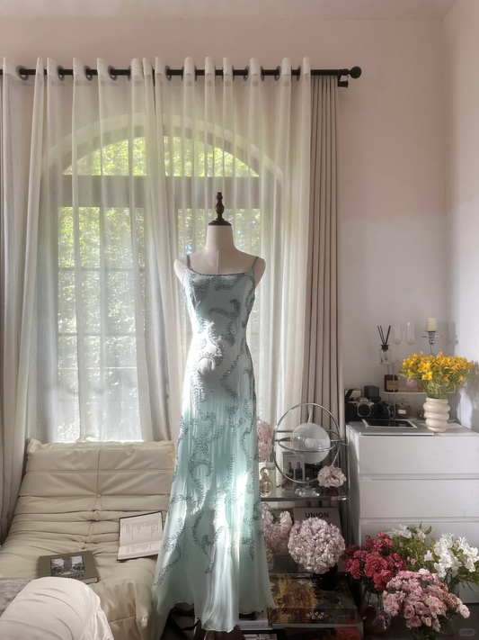 Retro Light Green Sparkling Beaded Spaghetti Strap Design Elegant Chiffon Evening Dress Prom Dress, DP5992