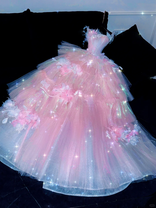 Sparkling Elegant Pink A-Line Tiered Prom Dress Evening Dress Ball Gown DP6231