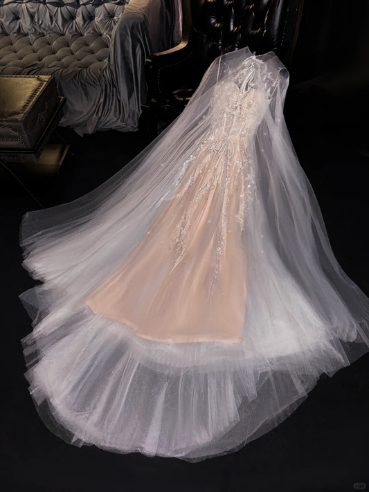 Elegant Champagne Embroidery Sheer Train Evening Gown DP7315