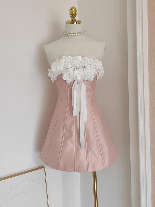 Vintage 3D Flowers Strapless A-Line Lace-up Satin Homecoming Dress Party Dress Short Cocktail Dress DP6808