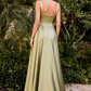 Elegant Sage Green Satin A-Line Cowl Neck & Slit Evening Gown DP8474