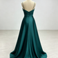 Elegant Emerald Green Satin Spaghetti Strap A‑Line Pleated Chapel Train Prom Dress DP8829