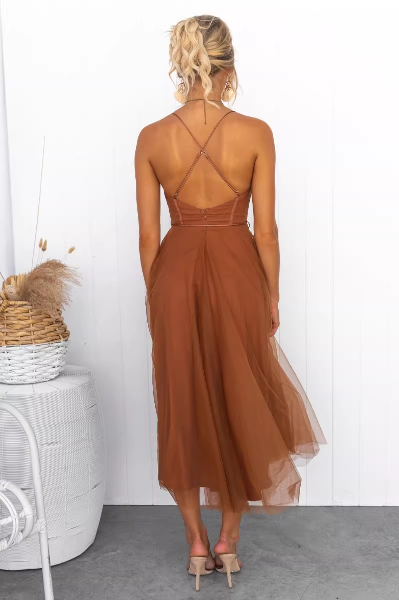 Vintage Tulle Sweetheart Spaghetti Straps Midi Evening Gown DP8143