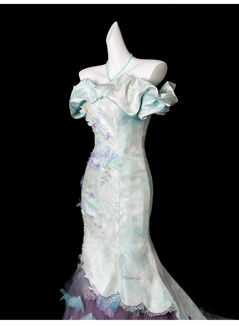 Chic Embroidery Beaded Mermaid Off-the-shoulder Prom Dress 3D Butterflies Evening Gown Party Dress Long Formal Dress DP6902