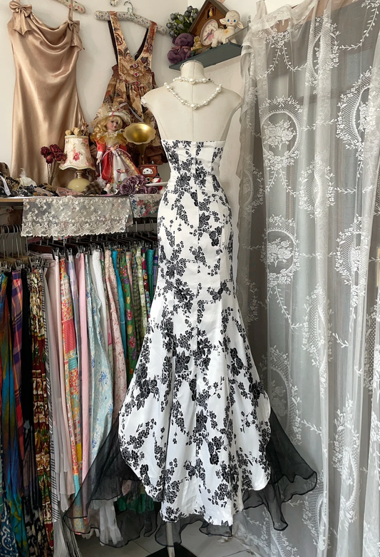 Vintage Floral Print Strapless Mermaid Long Prom Dress Evening Dress DP6378
