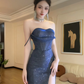 Vintage Marineblau Glänzende Pailletten Liebsten Spaghetti Strap Etuikleid Hoher Schlitz Lange Sommerkleider Ballkleid Abendkleid DP6389