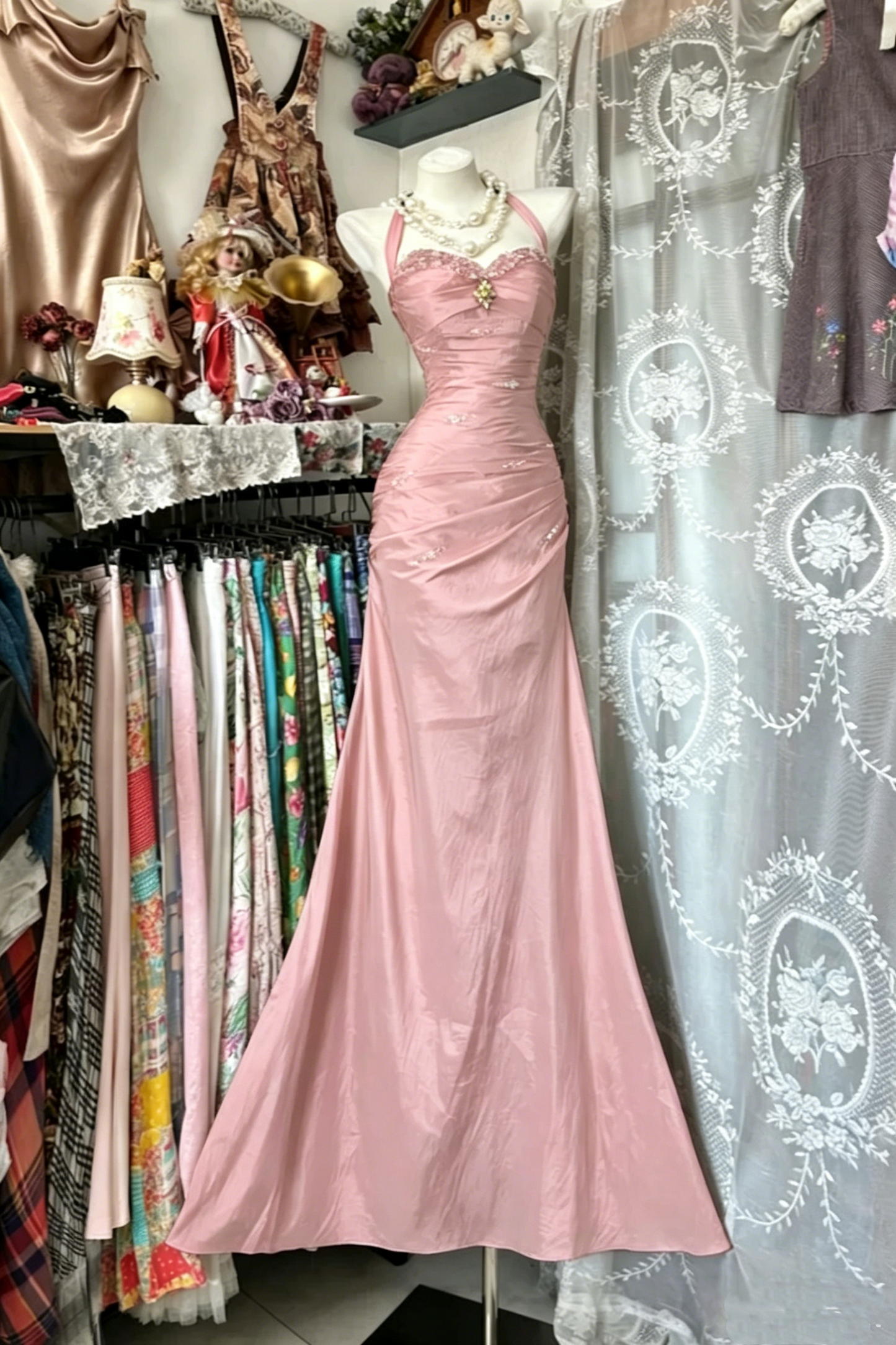 Vintage Satin Halter- Neck Sweetheart Evening Gown Beaded Ruched Mermaid Prom Dress DP7764