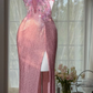 Glamorous Pink Butterfly Beaded Strappy Maxi High Slit Evening Dress Prom Dress DP8121