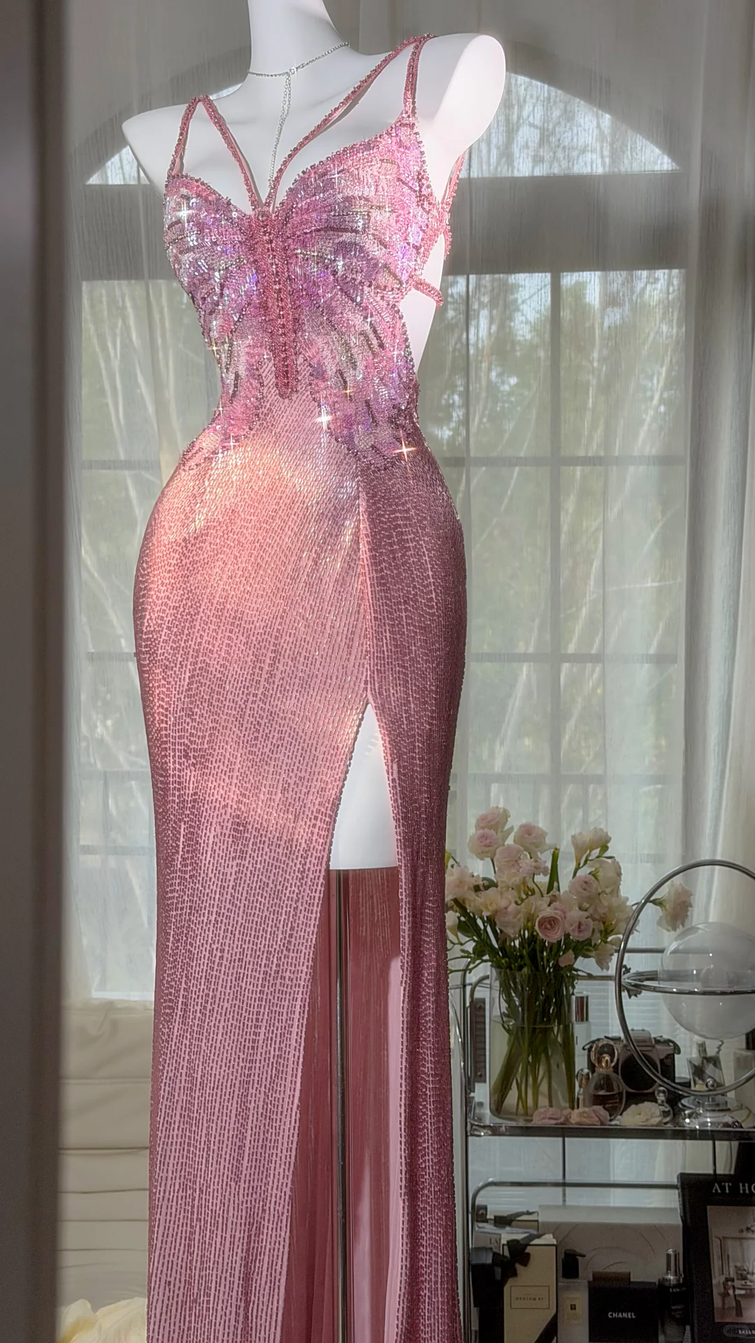 Glamorous Pink Butterfly Beaded Strappy Maxi High Slit Evening Dress Prom Dress DP8121