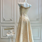 Vintage Champagne Gold Spaghetti Strap A-Line Beaded Evening Gown DP8402