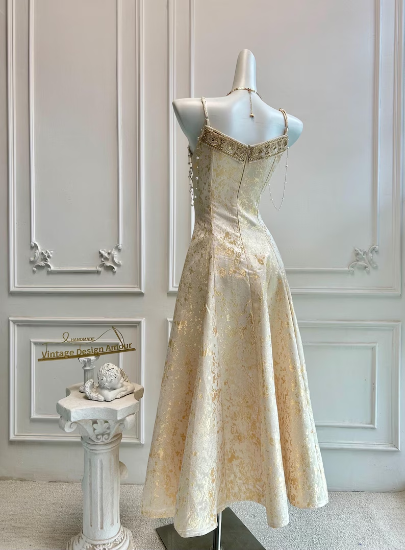 Vintage Champagne Gold Spaghetti Strap A-Line Beaded Evening Gown DP8402