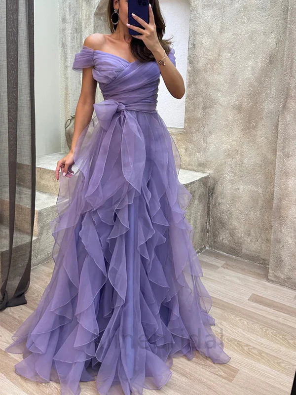 Elegant Lavender Off-the-Shoulder Ruffled Tulle A-Line Prom Dress DP8458