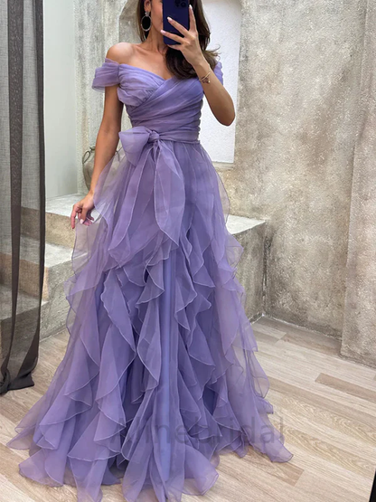 Elegant Lavender Off-the-Shoulder Ruffled Tulle A-Line Prom Dress DP8458