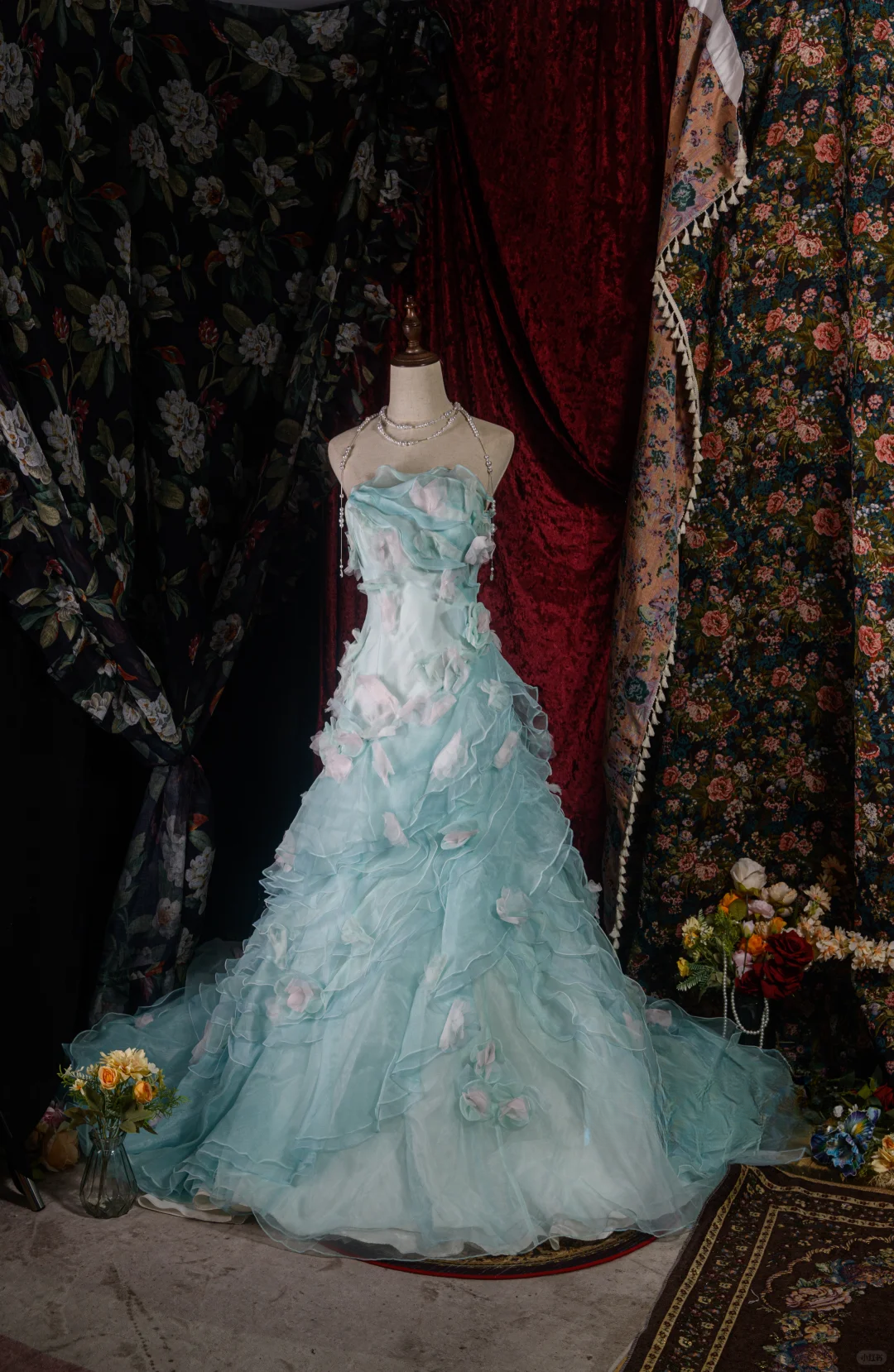 Elegant Mint Green Ruffled Tulle 3D Floral Sweet 16 Quinceanera Ball Gown  DP7414
