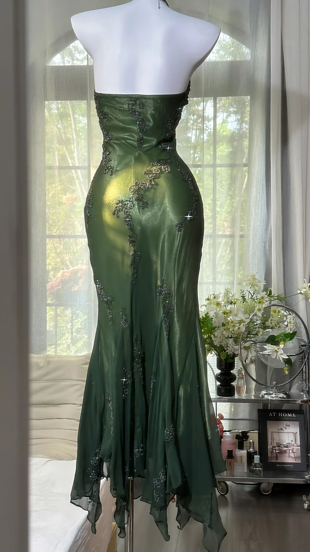 Glamorous Dark Green Halter Neck Mermaid Embroidery Evening Gown Beaded Chiffon Formal Dress DP7083