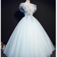 Vintage Sky Blue Applique Sweet 16 Quinceanera V-neck Tulle Evening Dress A-Line Floor Length Ball Gown DP6910