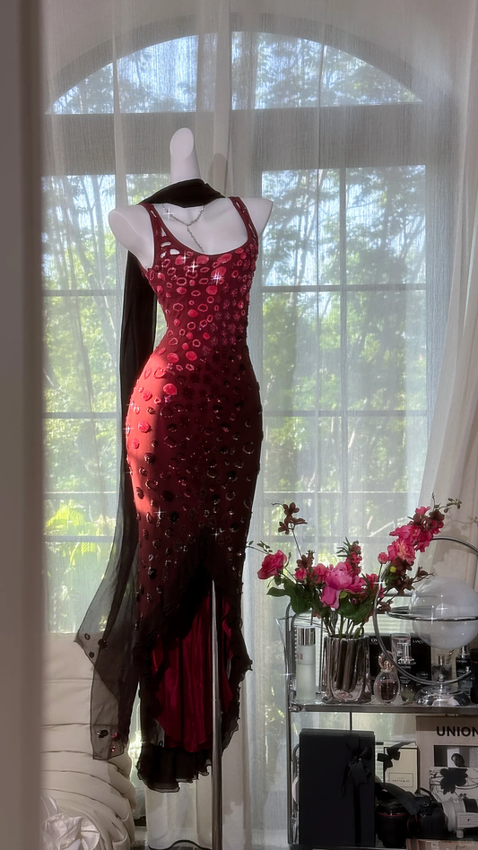 Vintage Shiny Beaded Burgundy Mermaid Prom Dress Evening Dress DP6356