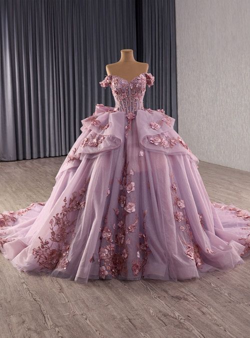 Robe de bal de quinceañera vintage lilas à fleurs, épaules dénudées, ornée de fleurs 3D en tulle, traîne cathédrale DP7250