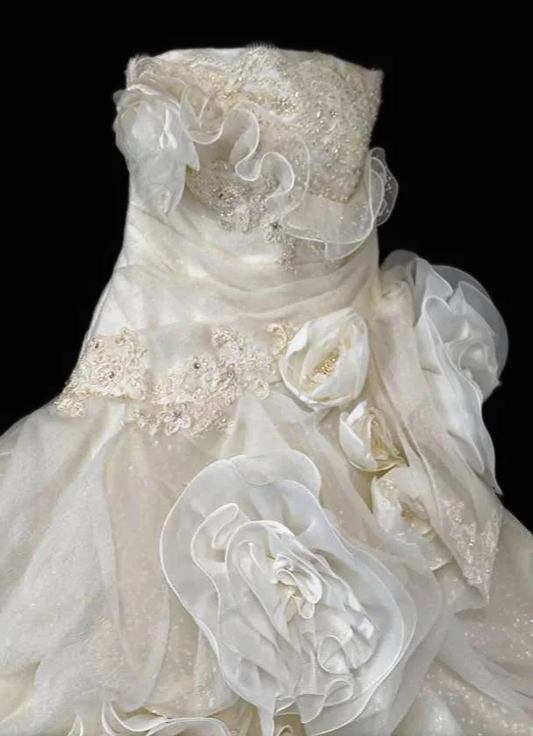 Elegant Ivory Lace Strapless Ruffled Tiered Beaded Wedding Dress DP7553