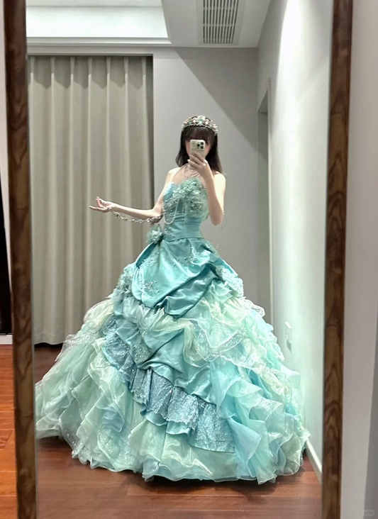 Glamorous Mint Green Tiered 3D Floral Strapless Princess Sweet 16 Quinceanera Ball Gown DP7545