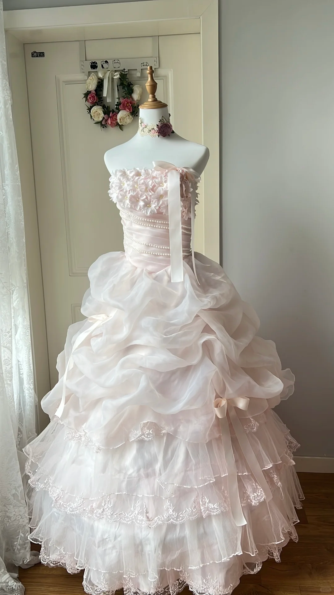 Glamorous Light Pink Tiered Tulle Strapless Ruffled Sweet 16 Quinceanera Ball Gown DP7301