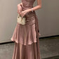 Glamorous Dusty Pink Spaghetti Strap Satin Ruched Tiered Ruffle Formal Evening Gown DP8202