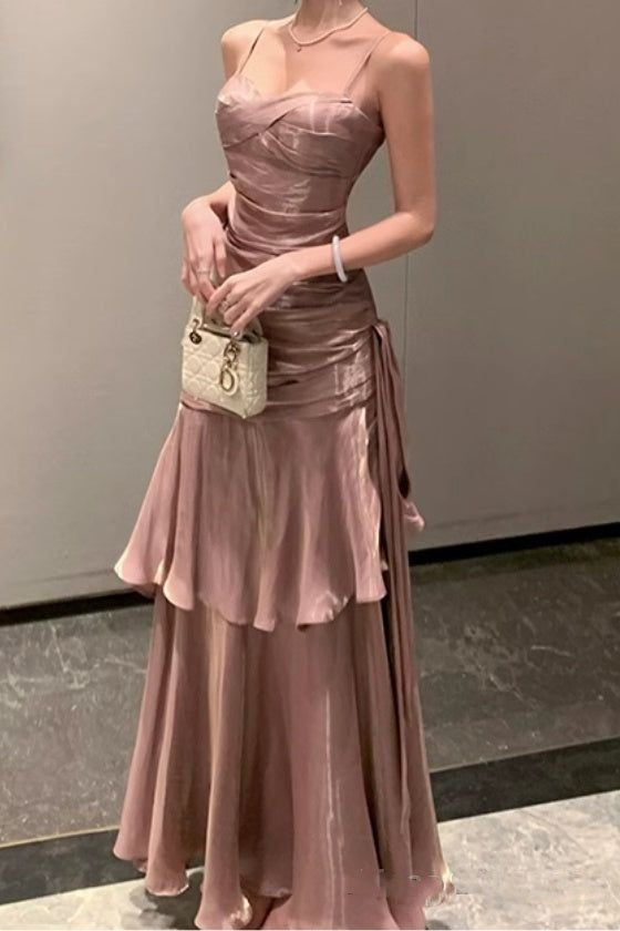 Glamorous Dusty Pink Spaghetti Strap Satin Ruched Tiered Ruffle Formal Evening Gown DP8202