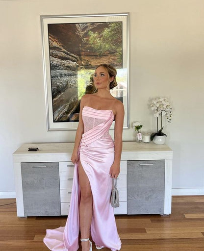 Elegantes Satin-trägerloses, hochgeschlitztes Meerjungfrau-Kleid, langes Ballkleid, Partykleid, Abendkleid DP6490