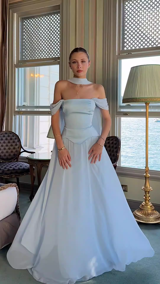 Vintage Off-the-Shoulder Satin & Chiffon Prom Dress Draped Neck Scarf Evening Gown DP8144