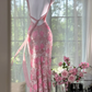 Vintage Pink Lace Applique V-neck Mermaid Prom Dress Evening Dress DP6359