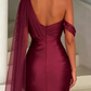 Elegant Burgundy One-Shoulder Satin Mermaid Beaded Cape Drape Prom Dress DP8494