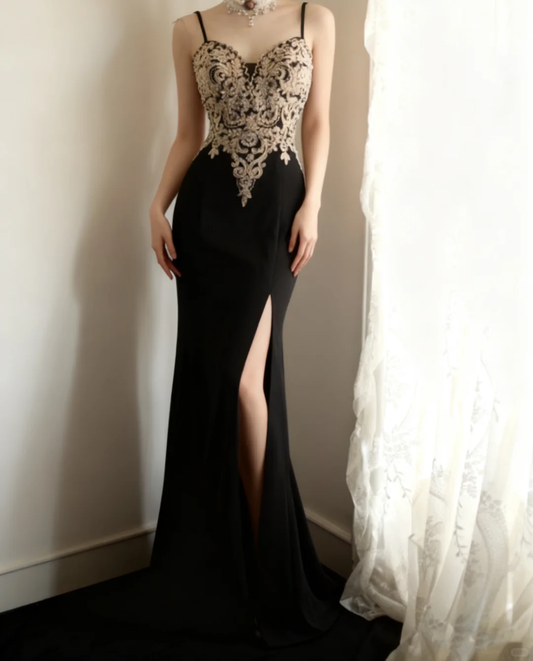 Glamorous Black & Champagne Lace Applique Spaghetti Strap High Slit Mermaid Prom Dress DP7646