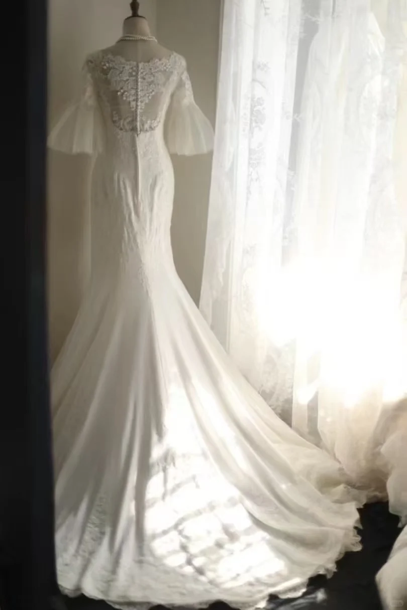 Vintage Cream Lace Mermaid Bell Sleeves with Illusion Neckline & Train Wedding Dress DP7647