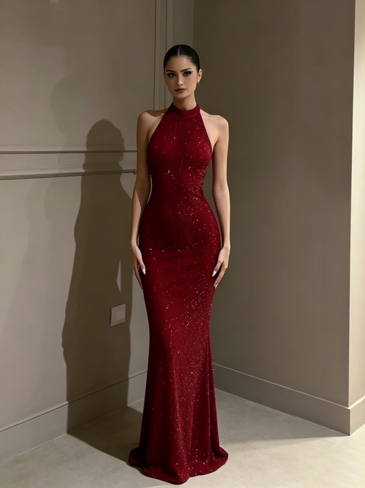 Sparkly Burgundy Halter Neck Mermaid Sleeveless Backless Glitter Long Evening Dress DP2922