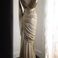 Glamorous Champagne Gold Satin Sleeveless V-Neck Embellished Waist & Ruched Prom Dress DP7640