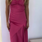 Elegant Satin Prom Dress Sheath Spaghetti Strap Evening Gown High Slit Party Dress Long Formal Dress DP6720