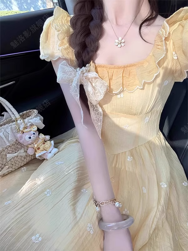 Vintage Faint Yellow A-Line Prom Dress Floral Short-sleeve Evening Dre DSProm Vintage Faint Yellow A-Line Prom Dress Floral Short-sleeve Evening Dre DSProm