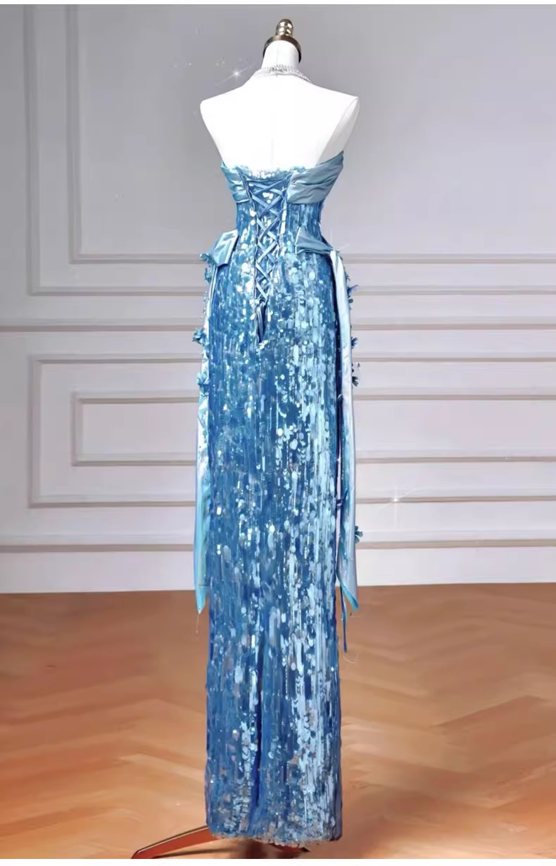 Robe de bal glamour bleu ciel à sequins, fourreau, bustier, maxi, DP7094
