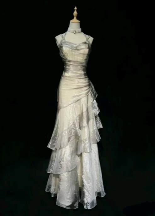 Green Straps Sheath Chiffon Vintage Long Prom Dress, DP4301
