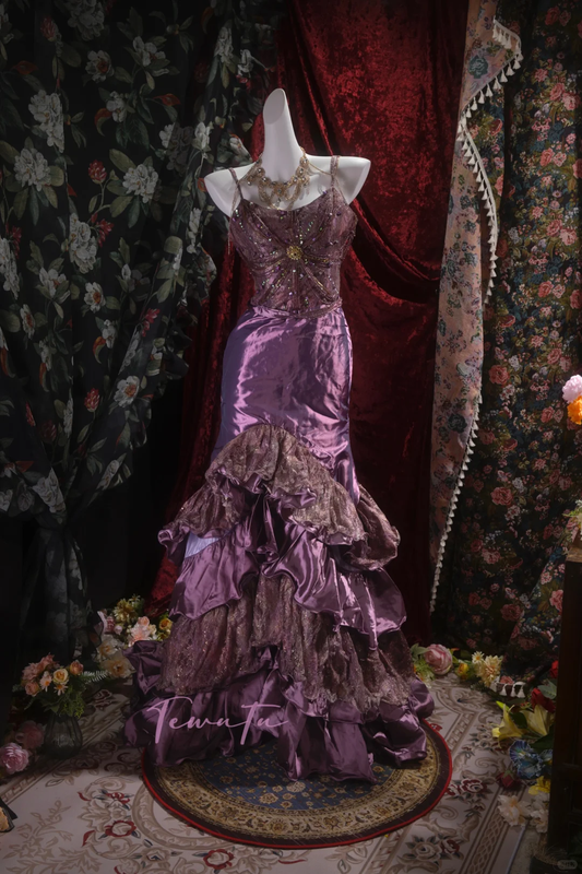 Vintage Purple Beaded Mermaid Evening Gown Tiered Ruffle Lace Prom Dress DP8342