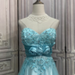 Vintage hellblaues trägerloses A-Linien-Abendkleid mit 3D-Blumenstickerei, formelles Abendkleid/Ballkleid DP7595