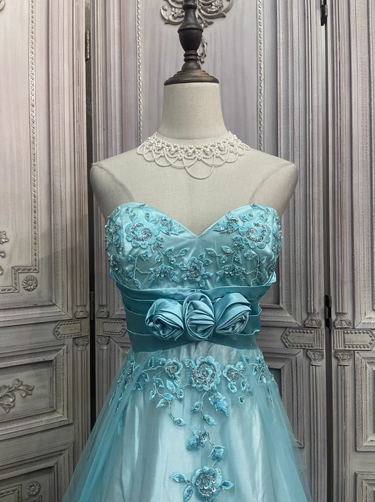 Vintage hellblaues trägerloses A-Linien-Abendkleid mit 3D-Blumenstickerei, formelles Abendkleid/Ballkleid DP7595