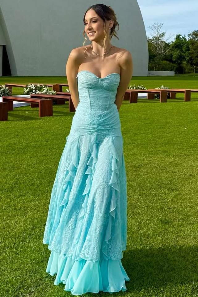 Elegant Mint Green Sweetheart Strapless Corset Bodice Lace Tiered Ruffle Evening Gown DP8470
