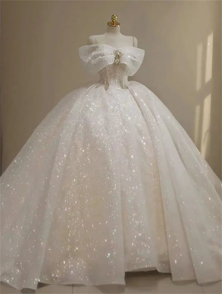 Robe de mariée trapèze à sequins scintillants, épaules dénudées, en tulle pailleté DP7020