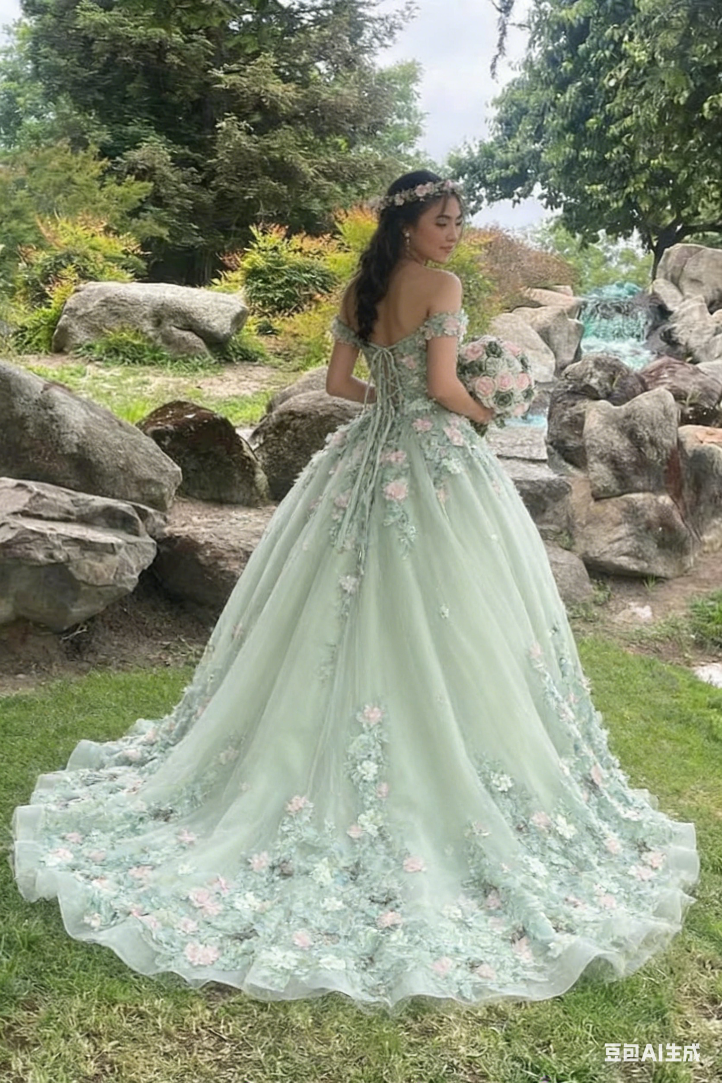 Elegant Sage Green Applique Off-the-Shoulder Sweet 16 Quinceanera A-Line Floor-length Prom Dress Birthday Dress Evening Dress Ball Gown DP6513