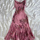 Vintage Pink Floral Embroidery Prom Dress Red Mermaid Evening Dress Satin Formal Dress DP6650