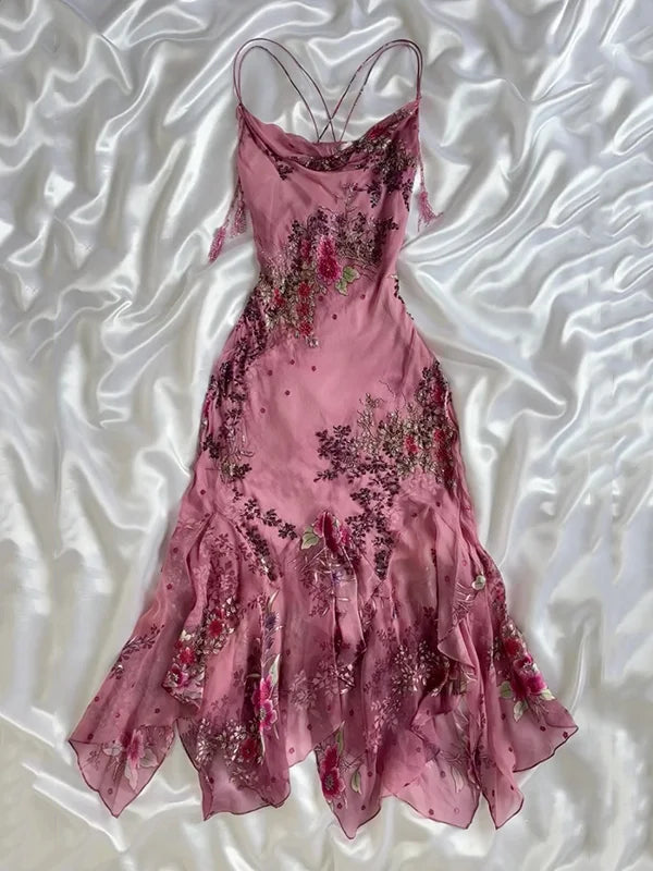 Vintage Pink Floral Embroidery Prom Dress Red Mermaid Evening Dress Satin Formal Dress DP6650