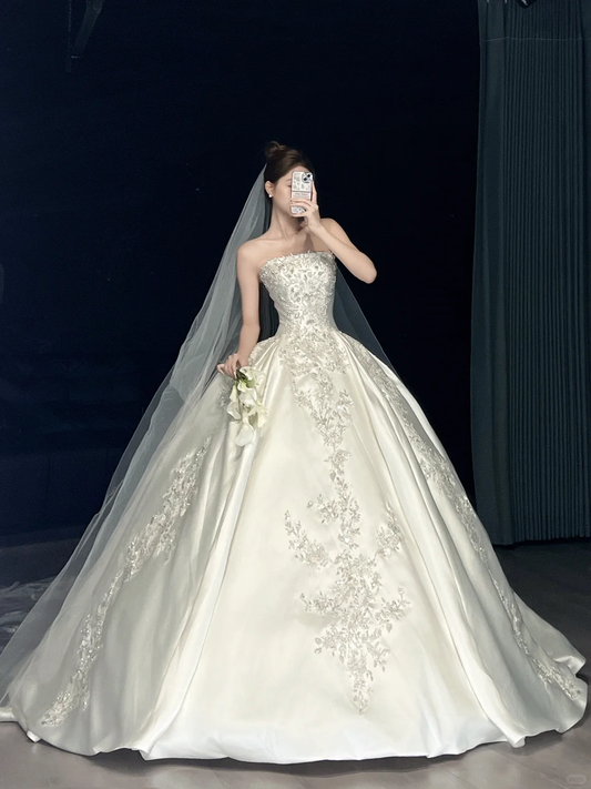 Elegant Satin Embroidery Beaded Wedding Dress A-Line Off-Shoulder Bridal Gown DP7129