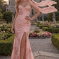 Dreamy Floral Embroidered Strapless Sweetheart Mermaid Evening Gown with Flowing Scarf DP8160