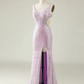 Sparkle Lilac V Neck Backless Long Prom Dress with Slit,DP1071
